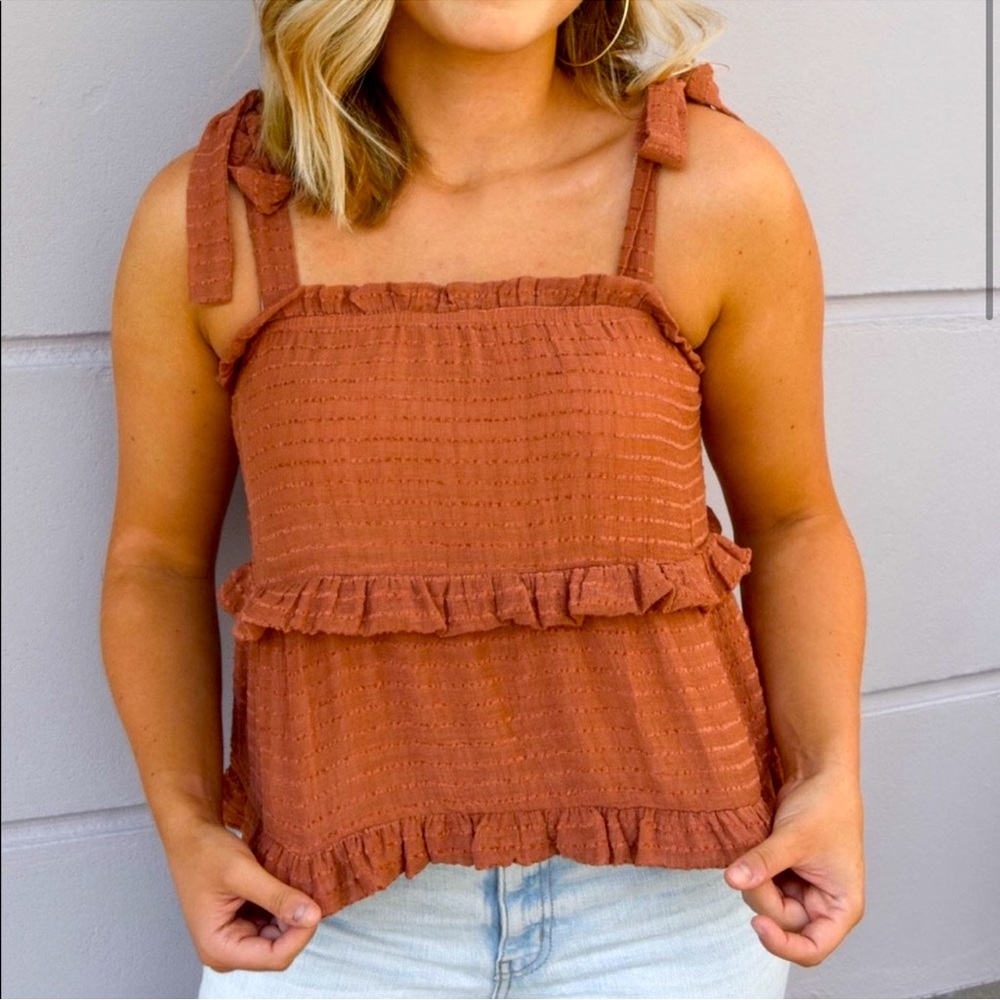 Pink Lily Tie Strap Terracotta Rust Textured Tiered Swing Crop Top New